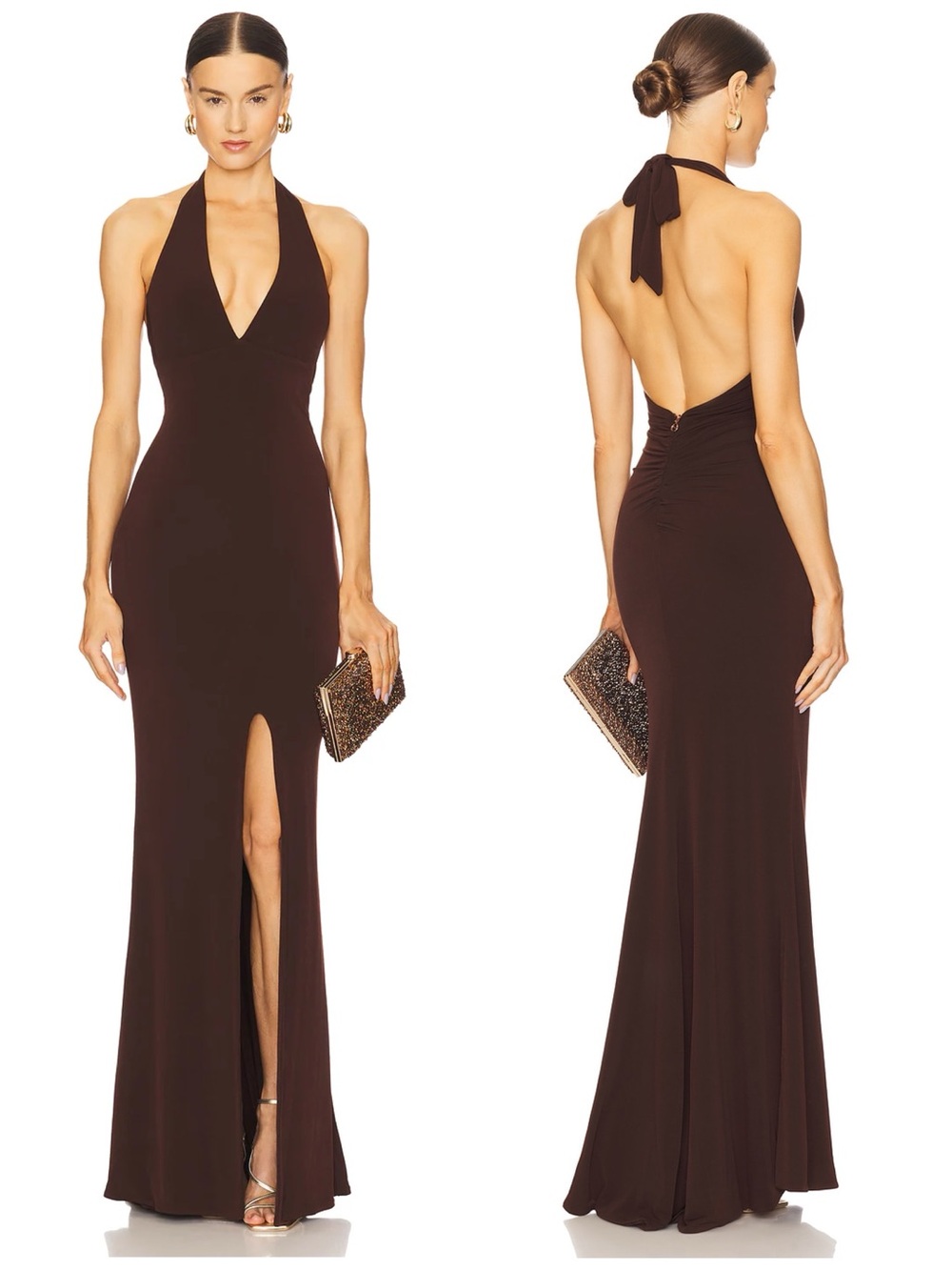 Revolve Nookie Illegal Halter Long Maxi Stretch Gown Dress in Chocolate Brown Sm